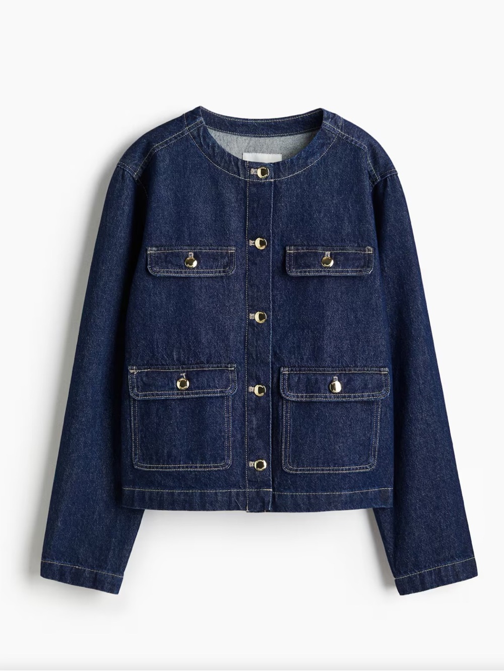 H&M Collarless Dark Denim Jean Jacket Gold Button Pockets